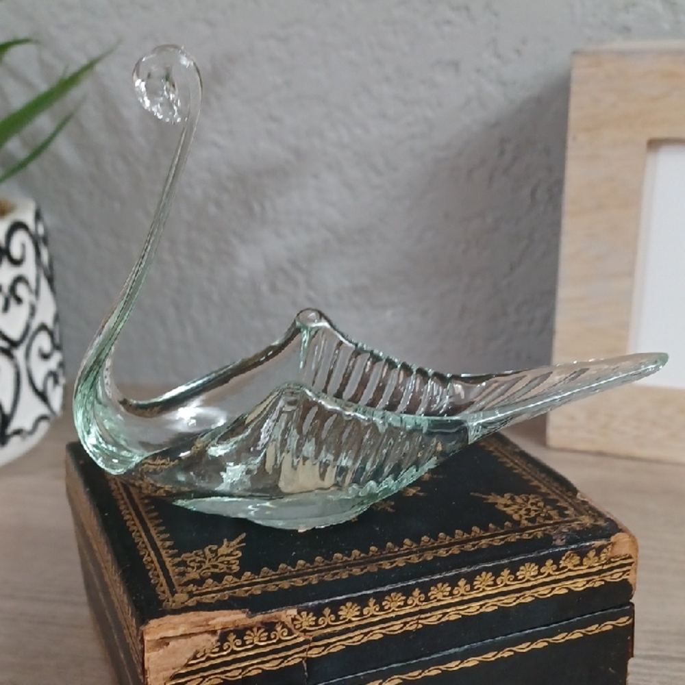 Vintage Glass Swan Dish Figurine Spain LA Mediterranea Handmade Vanity Trinket